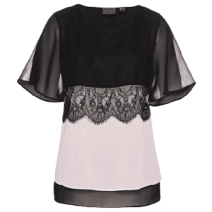 Blusenshirt mit Spitze in Doppeloptik, schwarz-zart rosa, Größe 42