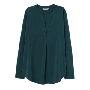Bluzka damska z długim rękawem z krepy z dekoltem w szpic i stójką, ciemnozielona, rozmiar 36