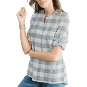 Bluzka damska w niebiesko-białą kratkę z okrągłym dekoltem i małym V, rozmiar 48