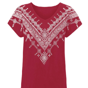 Damen Jersey Shirt in rot-weiß mit plaziertem Druckmuster, Größe 42