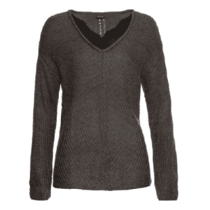 Damen Pullover mit Spitze, Strickpullover in anthrazit meliert, Größe 40/42