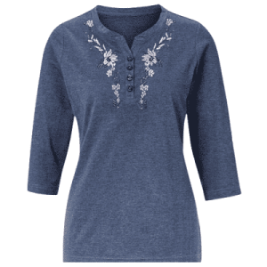 Camicia da donna in look melange con ricami floreali, maniche a 3/4, in blu denim, taglia 48