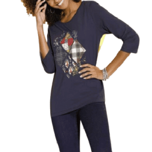 Женская рубашка с декоративным принтом в виде заплатки, рукава 3/4, цвет темно-синий, размер 44