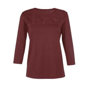 Damen Shirt mit leicht transparentem Spitzeneinsatz, 3/4 Arm, in Bordeaux, Gr.42