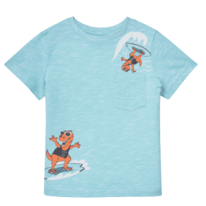 Children's short-sleeved shirt with "Dino" motif made of organic cotton, in turquoise, size 98