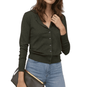 Rebeca abotonada de punto fino con escote redondo en verde oscuro jaspeado, talla S