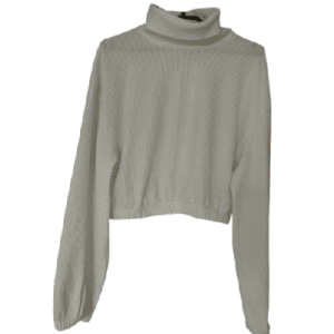 Ribbed short T-shirt by Bershka, long sleeve, turtleneck, cream, size L