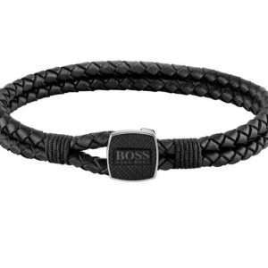 HUGO BOSS Herren Armband in schwarz "Seal", Stahl/Leder