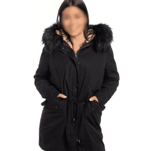 Parka damska JETTE w kolorze czarnym z podszewką leo i kapturem ze sztucznego futra - rozmiar 36