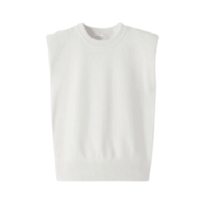 Gebreide kindertrui met schoudervullingen, in gebroken wit, maat 134