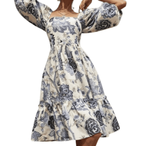 Платье с цветочным узором, пышными рукавами и отделкой оборками, синее/белое, размер XS