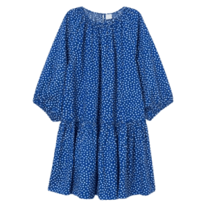 Kurzes Kleid mit Ballonärmeln, Ungefüttert, Blau-Weiß gepunktet, Größe S