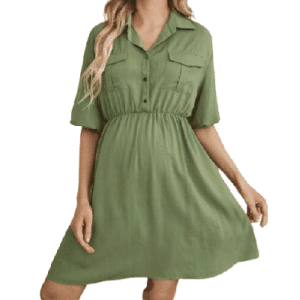 Kurzes Umstandskleid mit Pattentaschen und Puffärmeln, in Armeegrün, Größe S