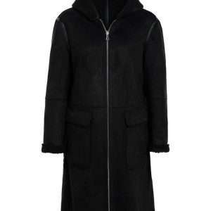 SET - Damen Mantel im Wende-Design, Teddyfell oder Glatt, Kapuze, Schwarz