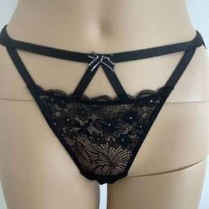 slip petite fleur in pizzo jacquard floreale effetto nastro, nero, taglia 42