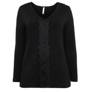 sheeGO Langarmshirt, Spitzendetail, V-Ausschnitt, Schlitze, schwarz, Gr.44/46